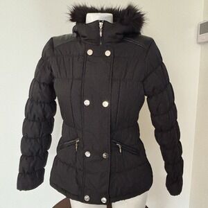 Marilyn & Me Juniors Black Faux Fur Hooded Puffer Jacket Small